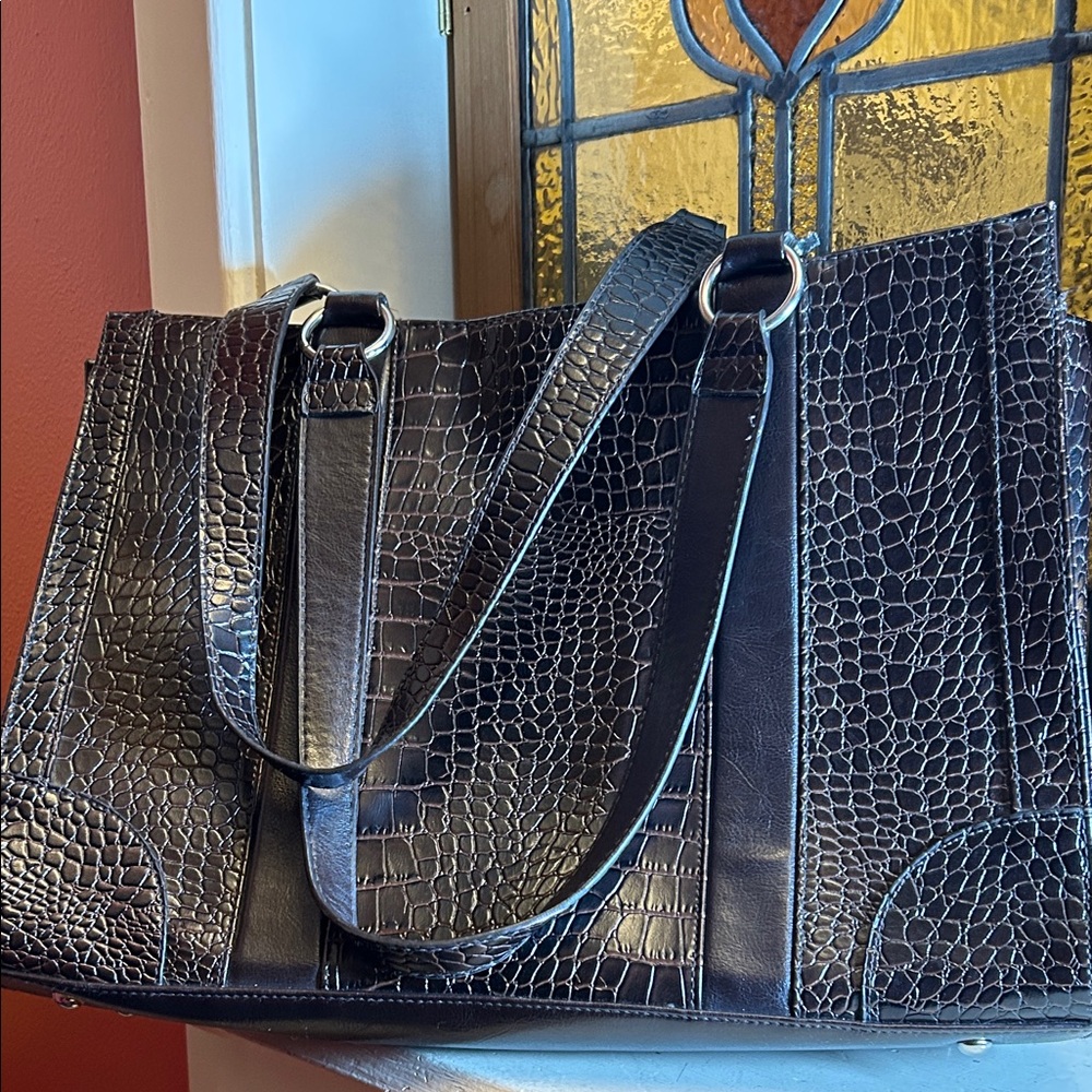 Coldwater Creek Dark Brown  Croc-Embossed Tote - Picture 9 of 15